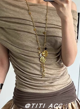古早文艺风!金色贝壳流苏长款项链女法式复古度假风锁骨链毛衣链