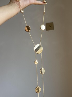 欧美长款银色光面圆片流苏项链轻奢气质简约个性可抽拉毛衣链配饰