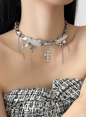 y2k甜酷银色皮革天使翅膀项链女