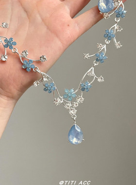 清冷感蓝色花朵满天星流苏项链女轻奢高级感晚礼服锁骨链气质颈链