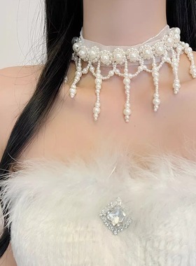 复古精致白色蕾丝珍珠流苏项链女轻奢气质choker锁骨链甜美颈饰潮