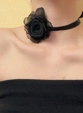 复古黑色蕾丝山茶花绑带choker女