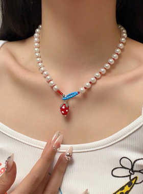 童趣红色草莓珍珠项链甜美高级感