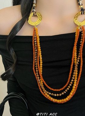 复古民族风多层彩色串珠项链女2025新款豹纹丝巾长毛衣链夸张颈饰