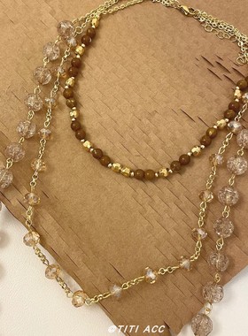 中古vintage金棕串珠项链女复古美拉德咖色锁骨链个性百搭毛衣链