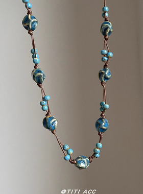 新中式国风百搭蓝色陶瓷串珠项链