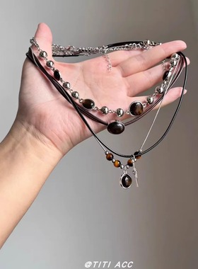 多种搭配！复古美拉德虎眼石叠戴项链女秋冬高级感小众皮绳锁骨链