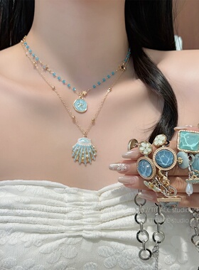 甜酷辣妹蓝绿色花朵项链choker小众高级感锁骨链女海边度假风手链