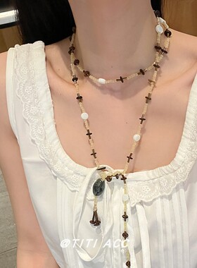 新中式茶晶串珠长款项链女小众设计感高级叠戴锁骨链时尚颈链配饰