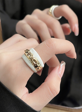 黑金撞色滴釉珐琅金属戒指女法式