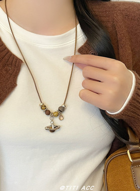 卡通萌物！棕色泰迪狗串珠项链女复古高颜值精致百搭毛衣链配饰新