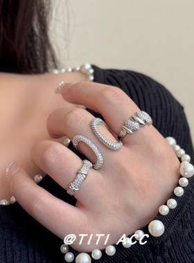 韩系ins风个性复古锆石开口叠戴戒指女小众几何轻奢高级感食指戒