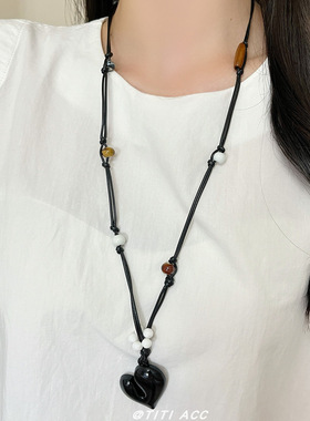 韩系不规则爱心吊坠项链时尚简约串珠项链长款个性日常通勤毛衣链