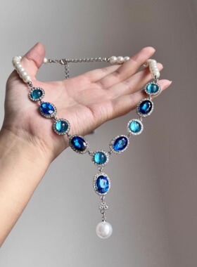法式轻奢蓝色水钻项链宫廷风