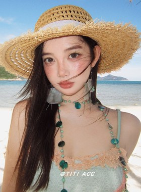 复古孔雀蓝绿色串珠贝壳流苏项链女波西米亚度假风长款锁骨链颈饰