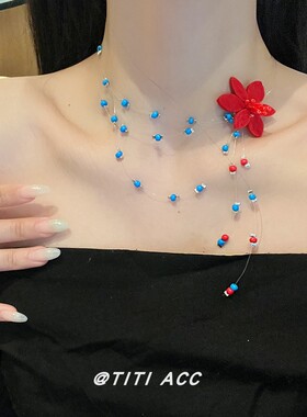 明媚少女春日多巴胺花朵项链2025新款蓝色串珠choker锁骨链