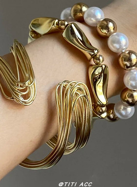 欧美风金属线条三件套手镯多层开口可调节手环高级感金白双珠手饰