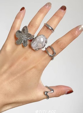 金属冷淡风ins花朵珍珠开口戒指女轻奢小众设计感指环极简手饰品