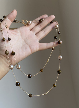 复古美拉德虎眼石珍珠项链女轻奢小众气质串珠双层叠戴秋冬毛衣链