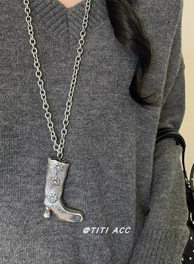 欧美镶钻花朵长筒靴金属链条项链女复古风夸张大气毛衣链锁骨链潮