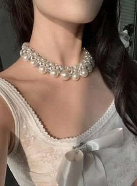重工复古闪钻珍珠choker项链女vintage锁骨链轻奢高级感气质颈链