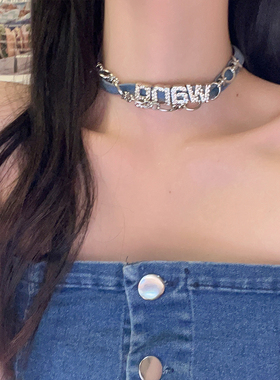 复古辣妹风蓝色牛仔镶钻字母项链