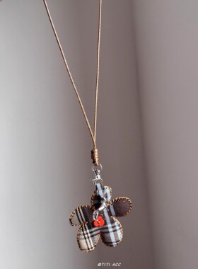 韩系diy牛仔布缝制蓝棕格纹花朵项链女创意包包挂件毛衣链挂饰潮