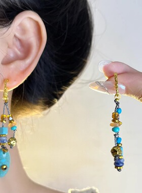 复古青绿石头编绳项链女新中式民族风长毛衣链时尚轻奢小众配饰品