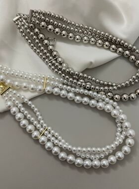 ins风三层银色金属圆球项链女