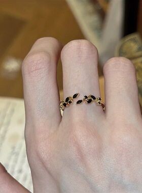 Vintage古着 黑金麦穗戒指女小众设计轻奢高级感食指戒开口可调节