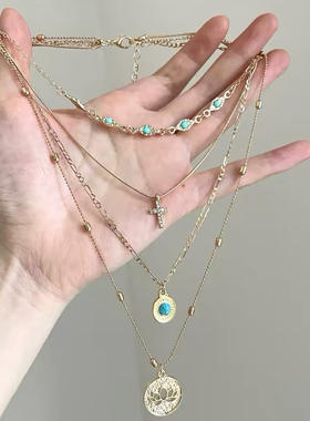 中古vintage复古金镂空花朵百搭多层叠戴颈链高级独特小众甜酷女