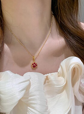 显贵金色红钻猫爪吊坠项链女款2026巨好看小众轻奢独特颈链锁骨链