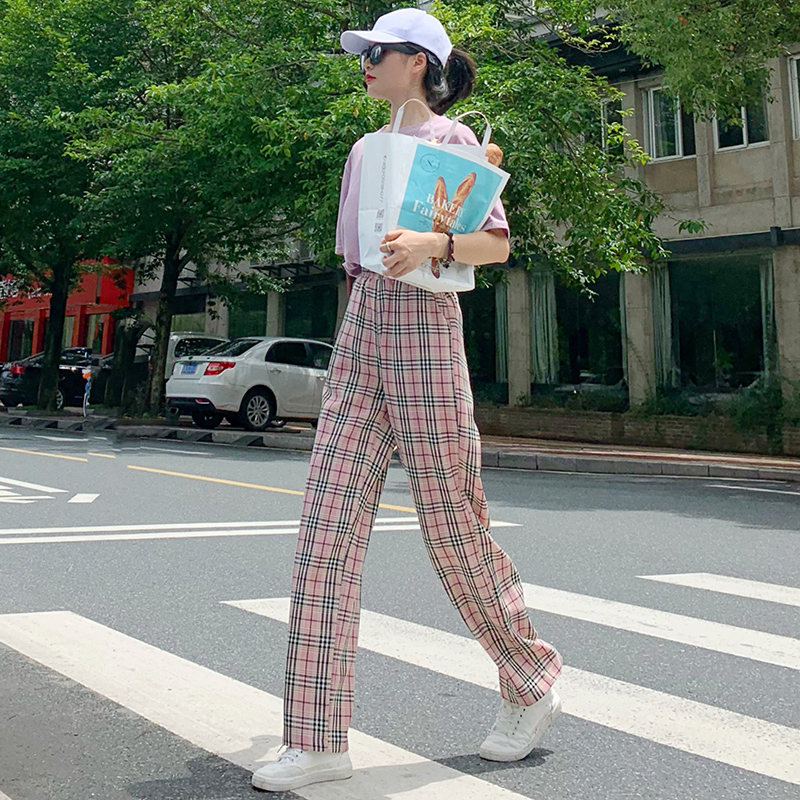 正点女孩旗舰店坠感格子阔腿裤女夏薄款显瘦百搭韩版高腰垂感宽松直筒拖地休闲裤2