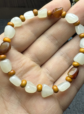 和田玉手链女原石白玉随形手串男女精美手饰石榴石橄榄片隔珠