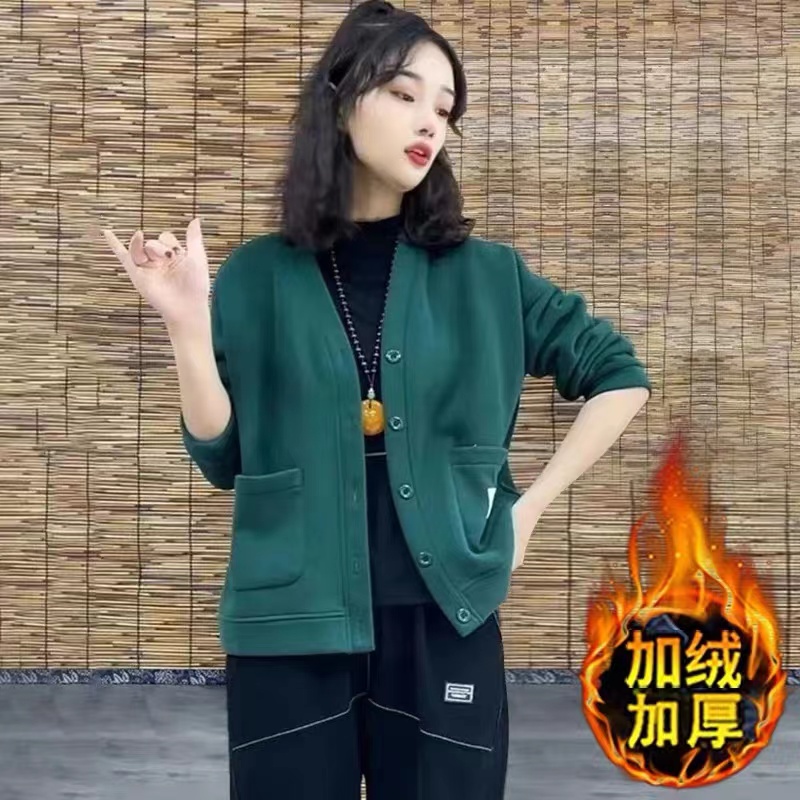 加绒加厚宽松显瘦女士卫衣秋冬2022新款爆款时尚洋气V领开衫外套 - 图0