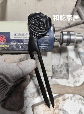 和乾牛角黑玫瑰U型定制发饰手工发叉簪子简约时尚甜美花双叉发簪