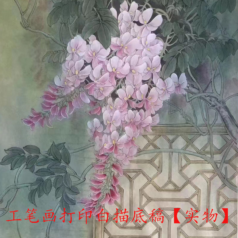 国画工笔画打印白描底稿竖幅花和小兔初学者临摹勾线过稿上色练习 - 图1