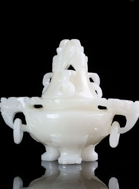 天然阿富汗白玉香炉仿古熏香炉镂空雕刻三足玉鼎桌面玄关装饰摆件