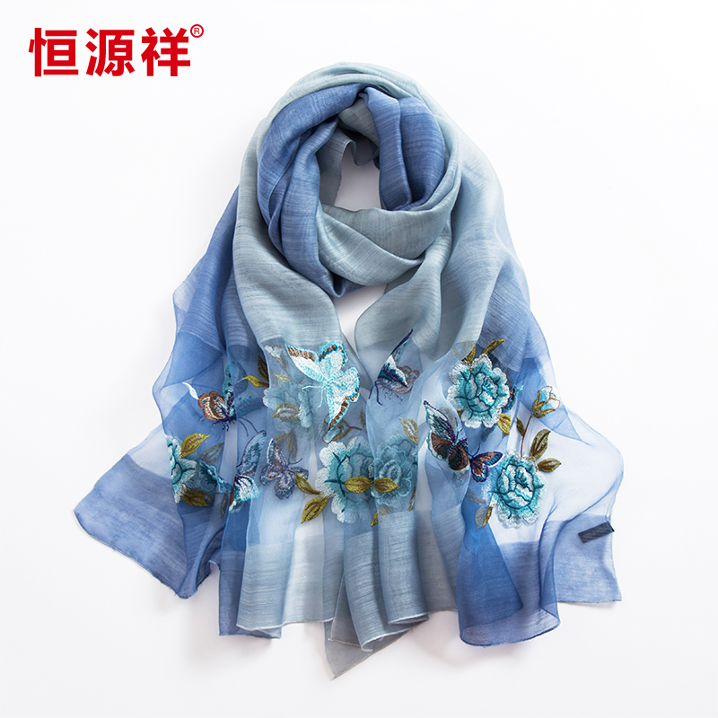 恒源祥大虎专卖店恒源祥真丝丝巾女中年妈妈围巾百搭春秋薄刺绣披肩长款桑蚕丝纱巾1