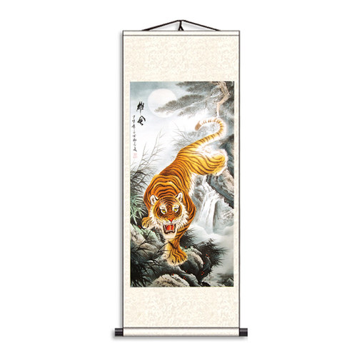 客厅沙发背景墙镇宅虎画办公室新款国画装饰画猛虎下山图卷轴挂画 - 图3