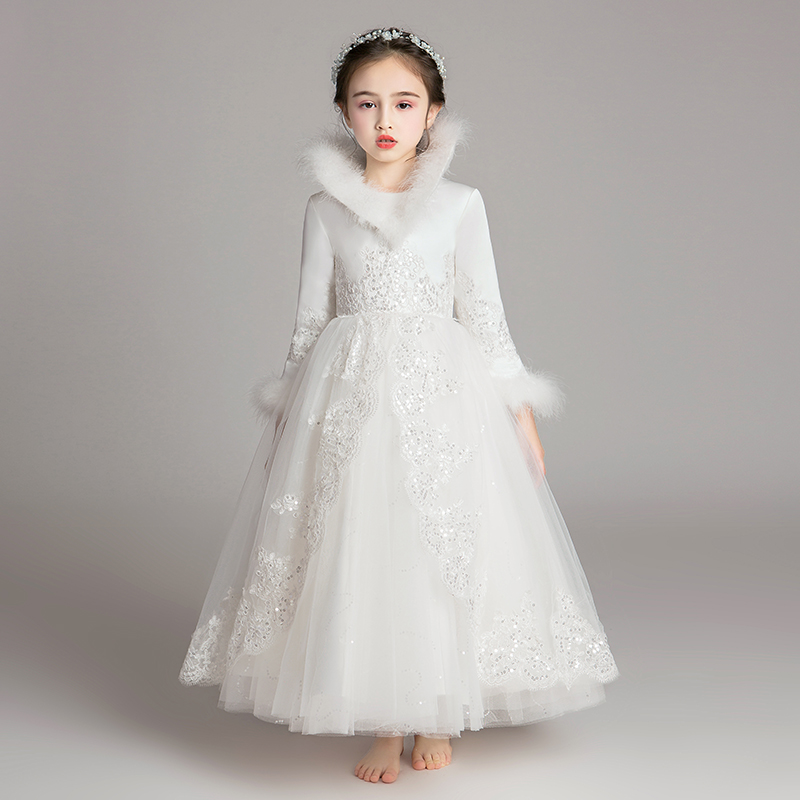 花童礼服女童公主裙小主持人钢琴演出服儿童白色婚纱裙加绒加厚冬
