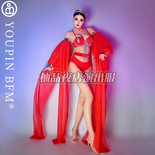 仙气酒吧gogo演出服夜店大气长袖子飘带中国潮红色新年女团DS - 图2