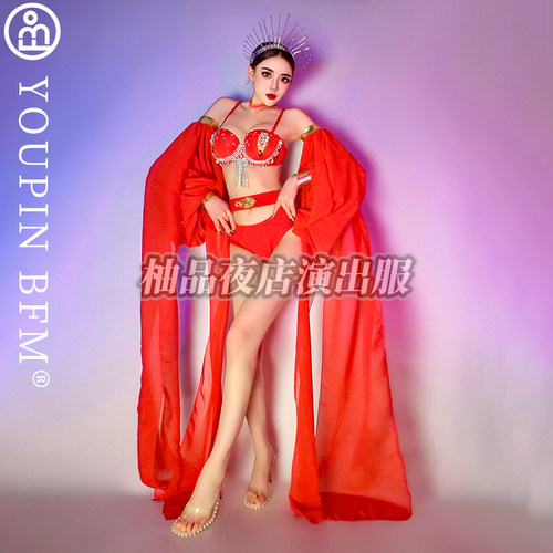 仙气酒吧gogo演出服夜店大气长袖子飘带中国潮红色新年女团DS - 图0