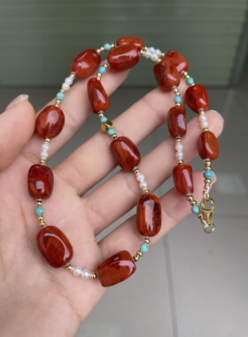 川料南红玛瑙diy随行项链锁骨链女款高端大气上档次珍珠绿松石