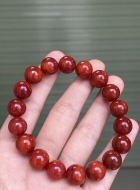 精品川料瓦西南红玛瑙手串牛血红火焰纹超美正宗11.4㎜男女款单圈