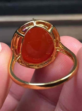 南红玛瑙保山冰红戒指18K金伴南非钻石镶嵌款珠宝古玩收藏旧物件