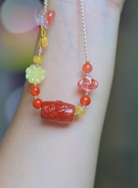 川料南红樱桃红巧雕桶珠锁骨项链手串项链吊坠挂件珠宝男女款饰品