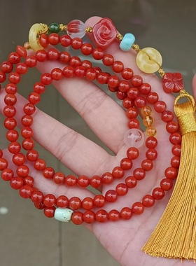 天然南红九口老料108颗多圈手链毛衣链背云流行时尚手把摆件文玩