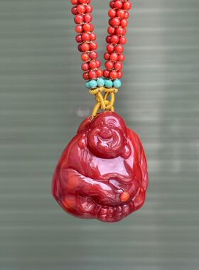 精品川料南红满色满肉牛血红笑面佛diy手工编织项链百搭时尚挂件