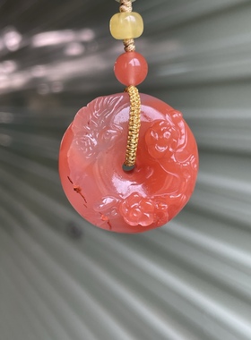 川料南红玛瑙樱桃红飘花喜上眉梢平安扣吊坠项链男女款原创设计女